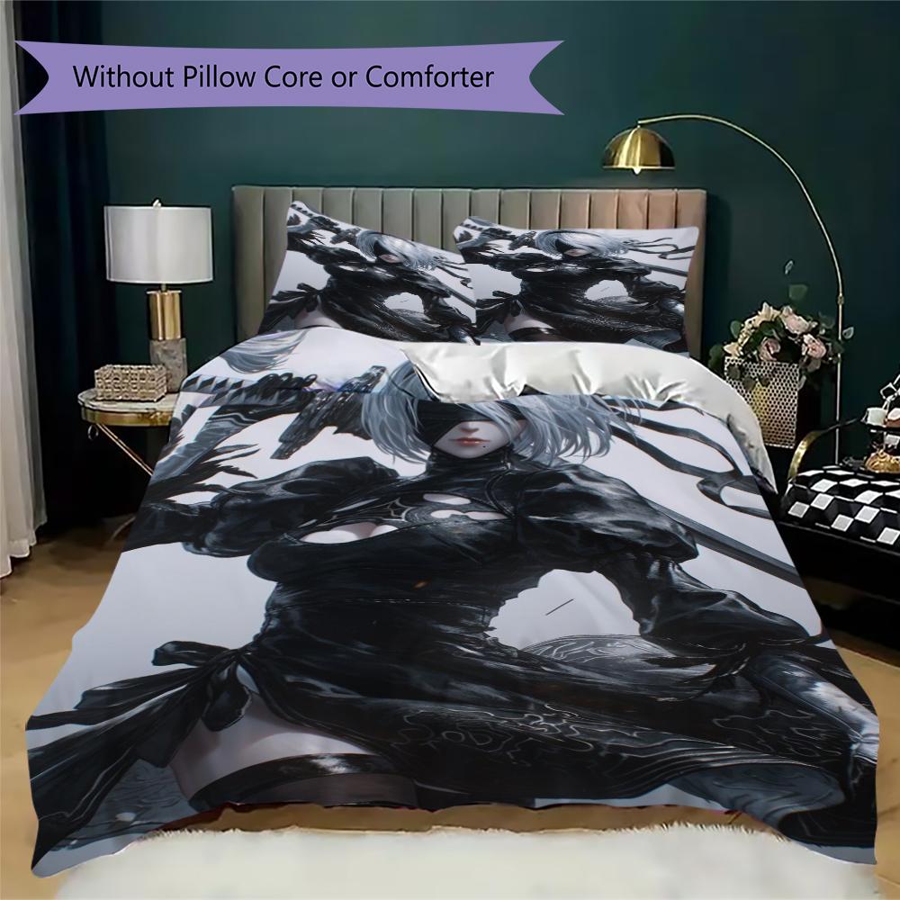 NieR Automata Pattern Bedding Uilt Set Uilt Cover Pillowcase Home Decoration Birthday Gift (1 * Duvet Cover + 2 * Pillowcase Without Core)