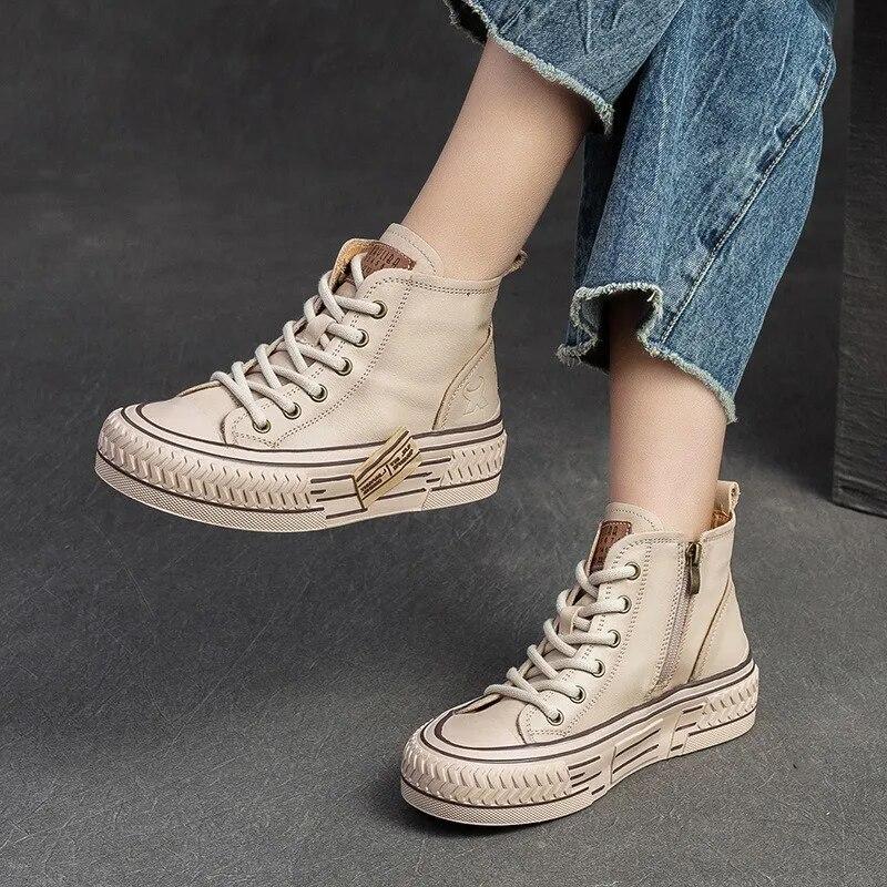 Johnature Spring Genuine Leather Women Flat Shoes Lace-up Handmade Leisure Comfortable Thick Soled Shoes
