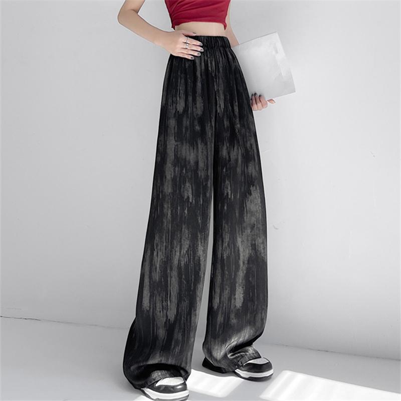 Spring Summer Retro Ice Silk Tie Dye Wide Leg Pants for Women Loose Straight Casual Leg Women's Pants