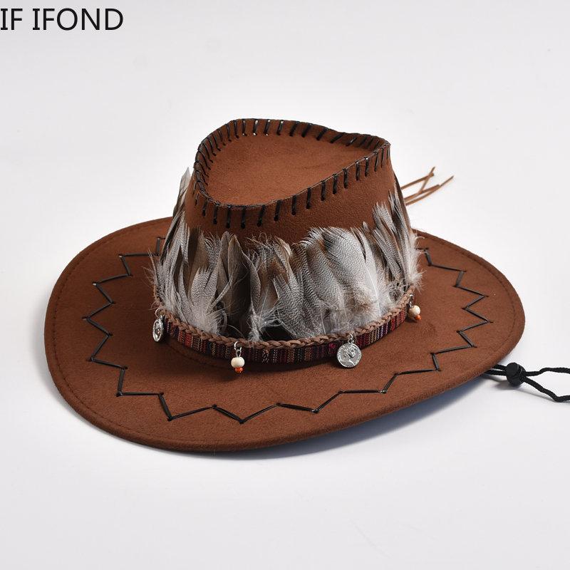 Retro Feather Western Cowboy Hats for Men Women Faux Suede Wide Brim Cowgirls Jazz Cap Outdoor Travel Sun Hat