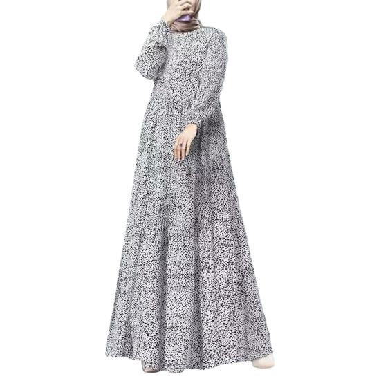 Women Maxi Dress O Neck Long Sleeve Loose A-line Big Hem Dot Print Vintage Soft Patchwork Dubai Turkey Abaya Long Robe Dress