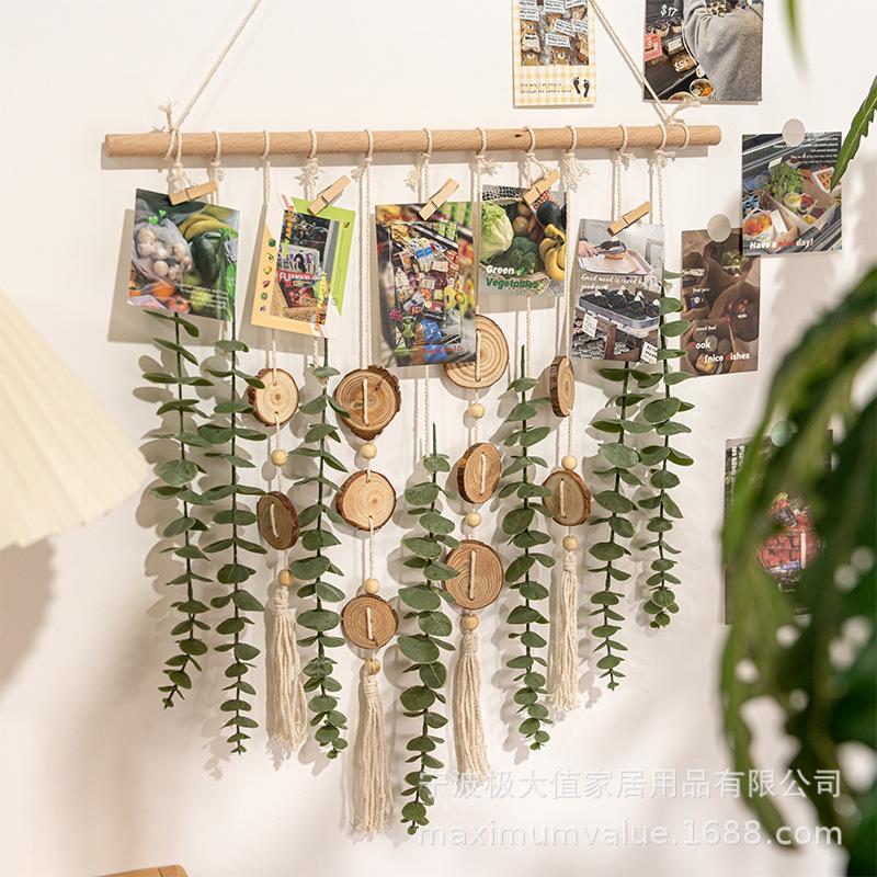 Bohemian Wall Hanging Decor with Natural Wood Slices and Green Eucalyptus Leaves