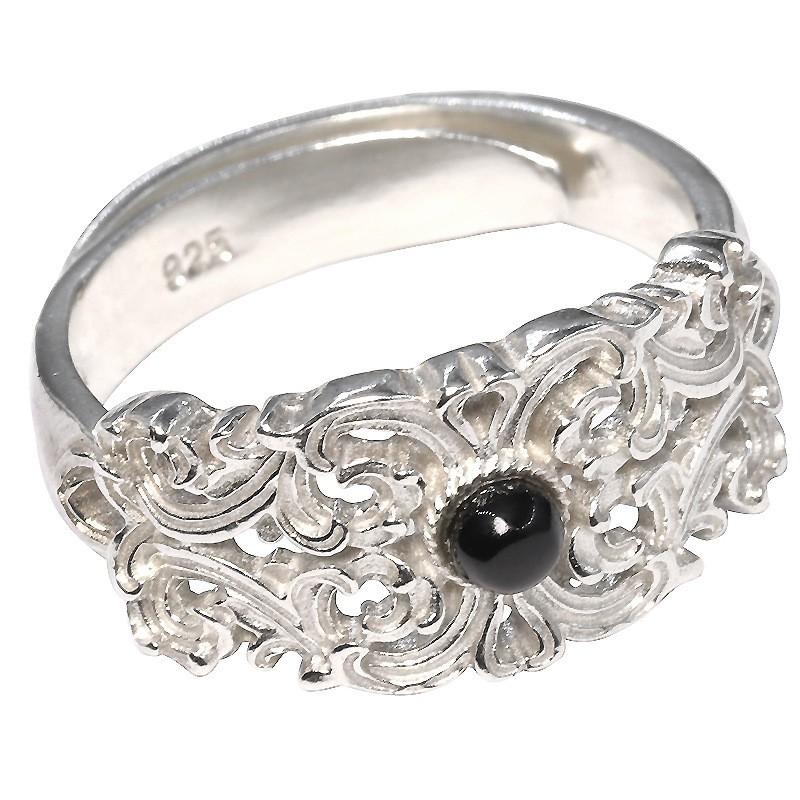Adjustable Open Ring With Black Onyx Inlay Floral Motif Vintage Ethnic Style Unisex Plated Jewelry