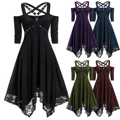 Frauen Kleid Gothic Vintage Kurzarm Off Schulter Halloween Party Nachtclub Kleider