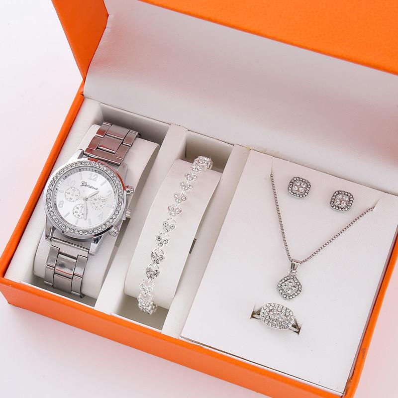 5Pcs/Set Steel Belt Women'S Watch, Fake Three-Eye Women'S Casual Quartz Watch Set (Orange Box)
