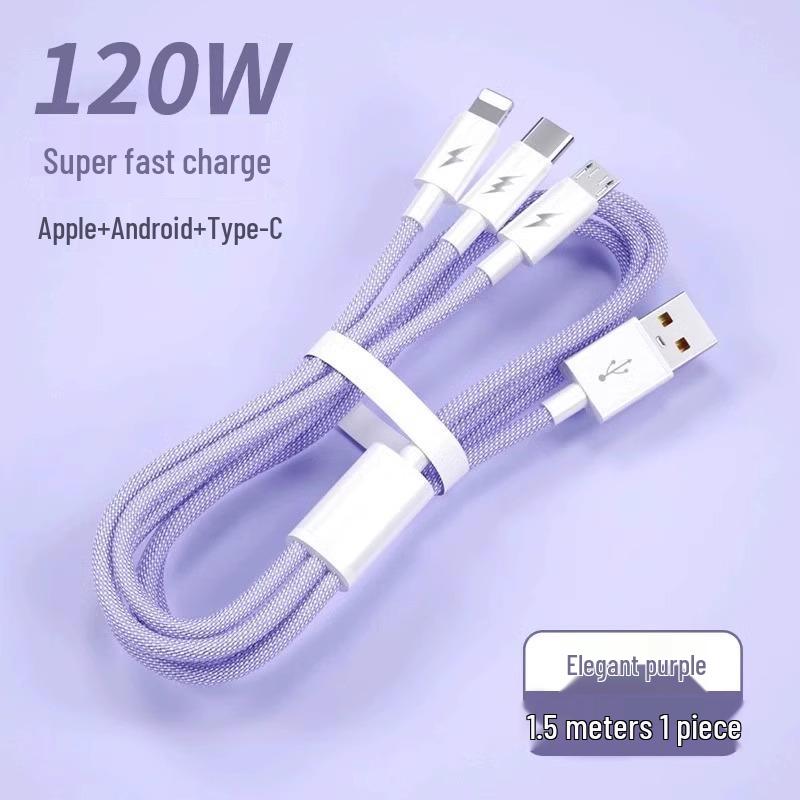 Multi-Head 3-in-1 Fast Charging Cable: 120W for Home, 66W for Car, Compatible with Apple Devices.