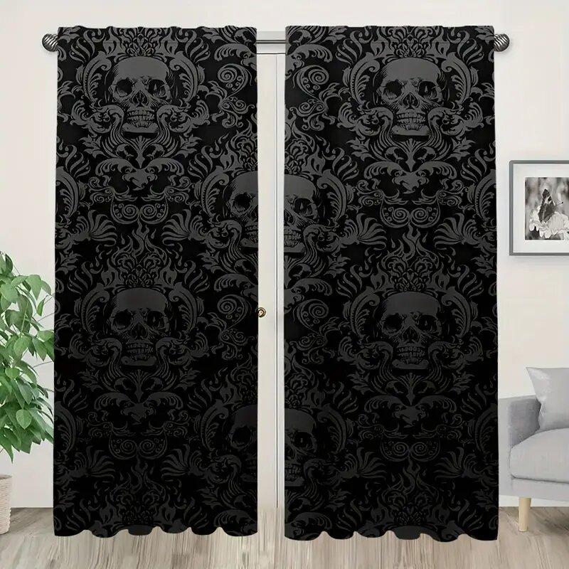 

2PCS- Halloween Skull and Flower pattern printed curtains, window decorations, home decorations, room decorations 52Wx84L(132x213CM)x2