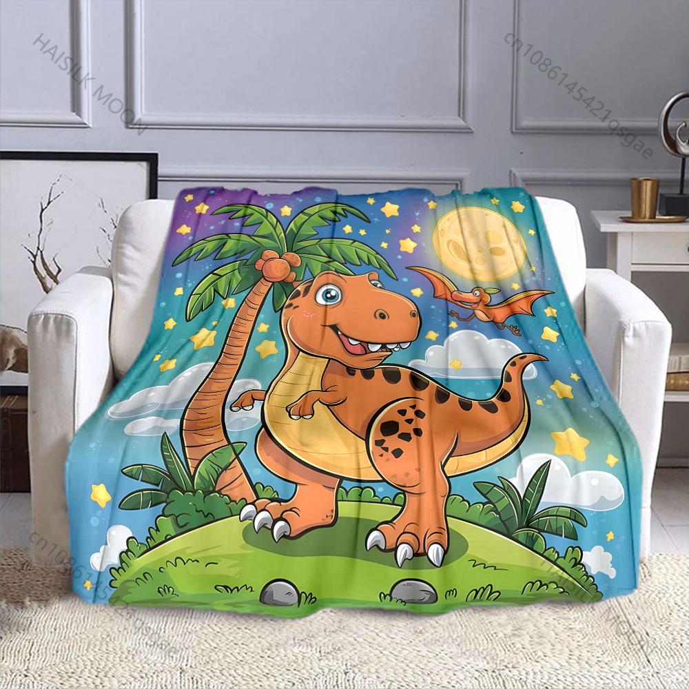 Multi Size Dinosaur Under Palm Tree Pattern Blanket Flannel Material Soft Warm for All Seasons, Home Outdoor Camping Picnics RV