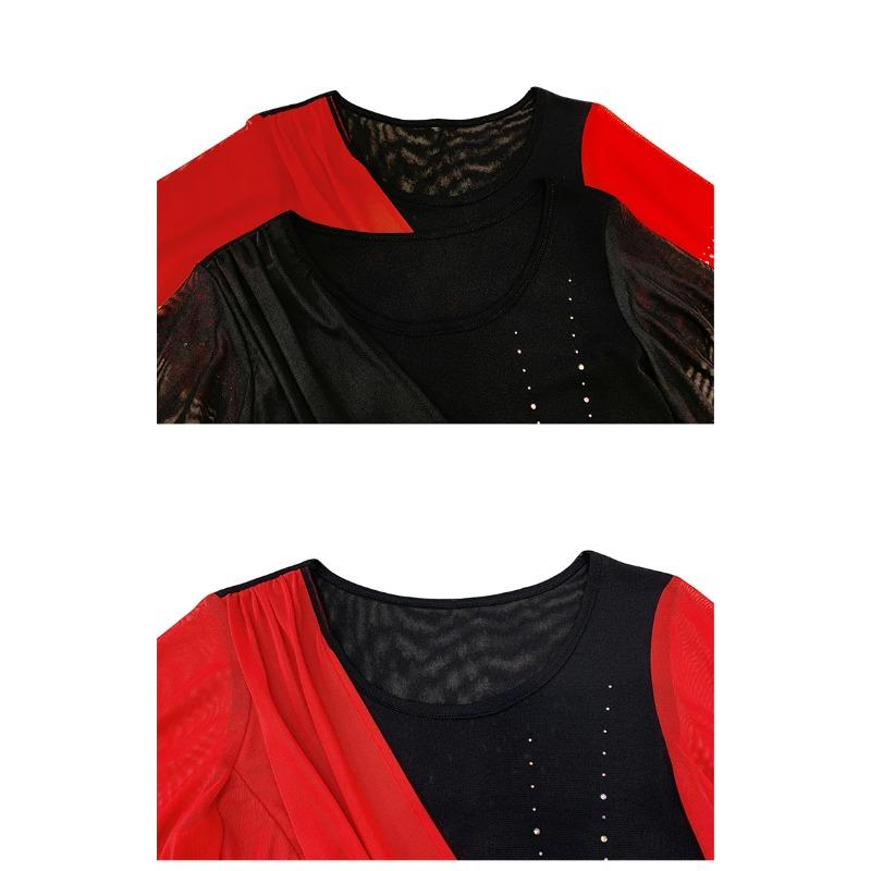 Summer Women's Mesh Color Block Design Lace Trim Rhinestone DetailsTrendy Short Sleeve T Shirts