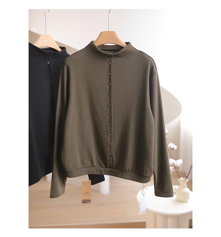 Women's Autumn/Winter Stand Collar Brushed Fabric Base Layer T-Shirt - Loose Slimming, Skin-Friendly Top