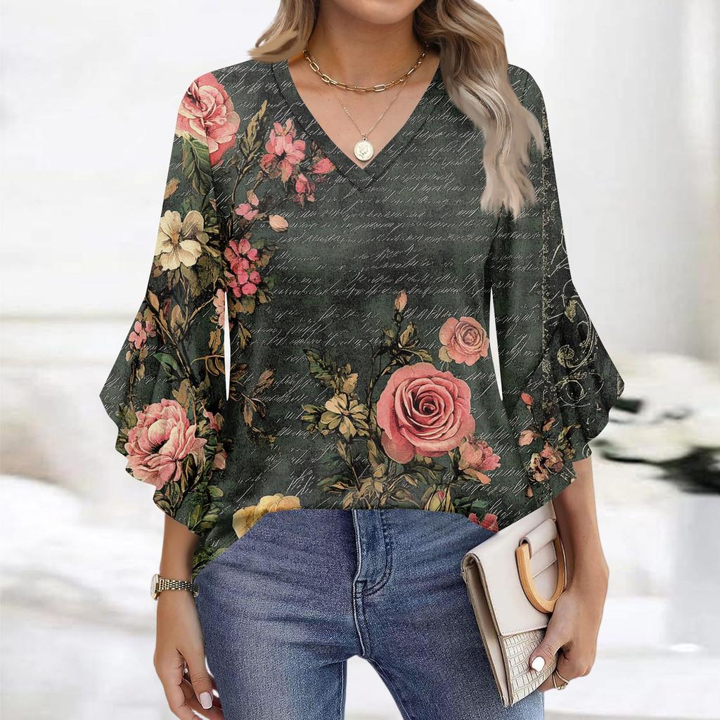 Blouses For Women Dressy Casual 3/4 Length Sleeve Womens Tops V Neck Tshirts Shirts With Flared Sleeve