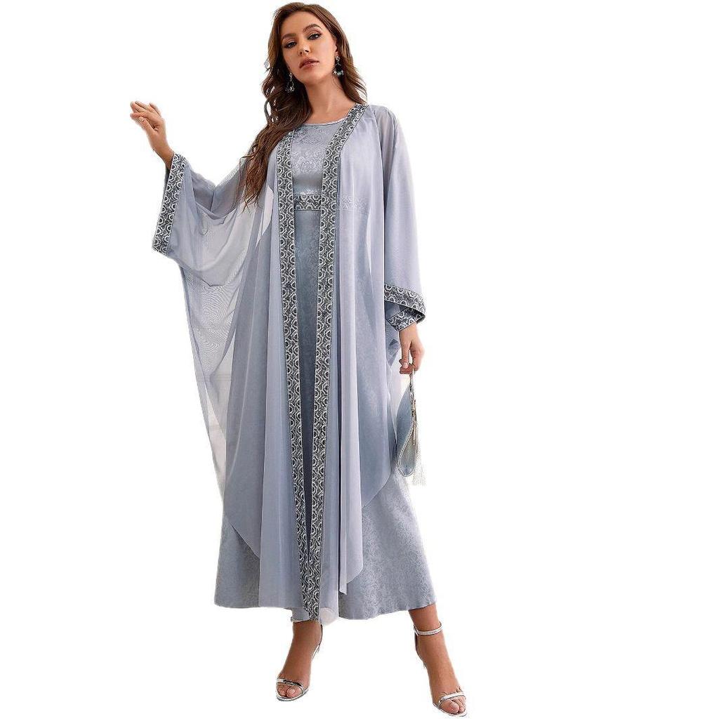 New Jacquard Abaya: Muslim Women's Two-Piece Long Cardigan Set