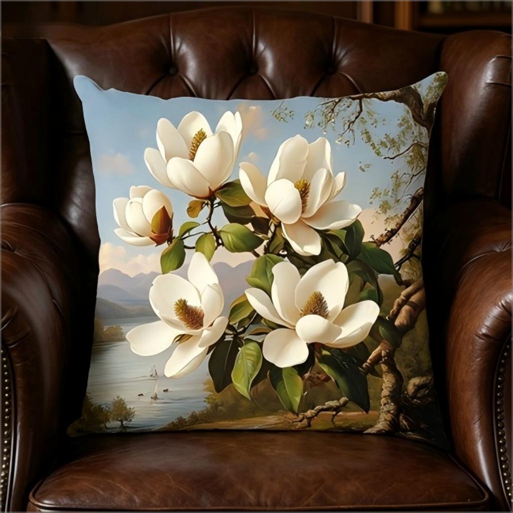 Vintage Magnolia Flower Print Throw Pillow Cover, Floral Landscape Art Decorative Cushion Case For Sofa Bedroom