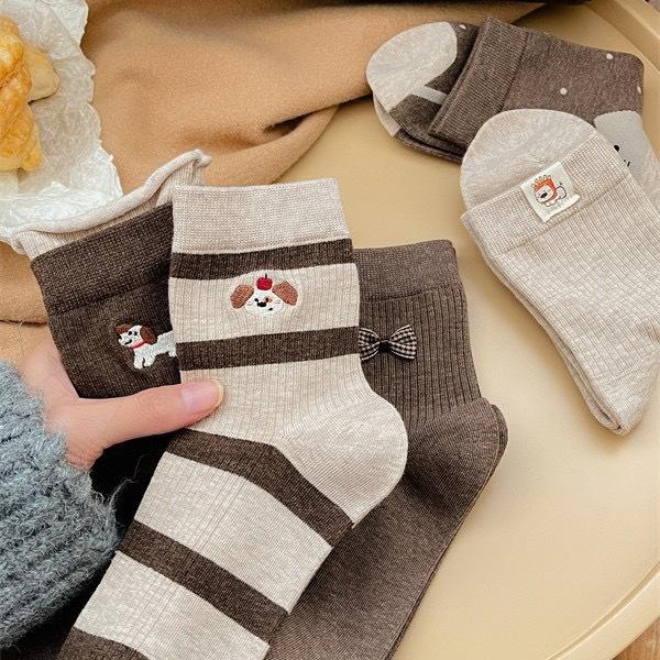 Early Autumn Embroidery Cute Cartoon Puppy Socks Striped Cotton Boneless Cloth Label Socks For Women Korean Students