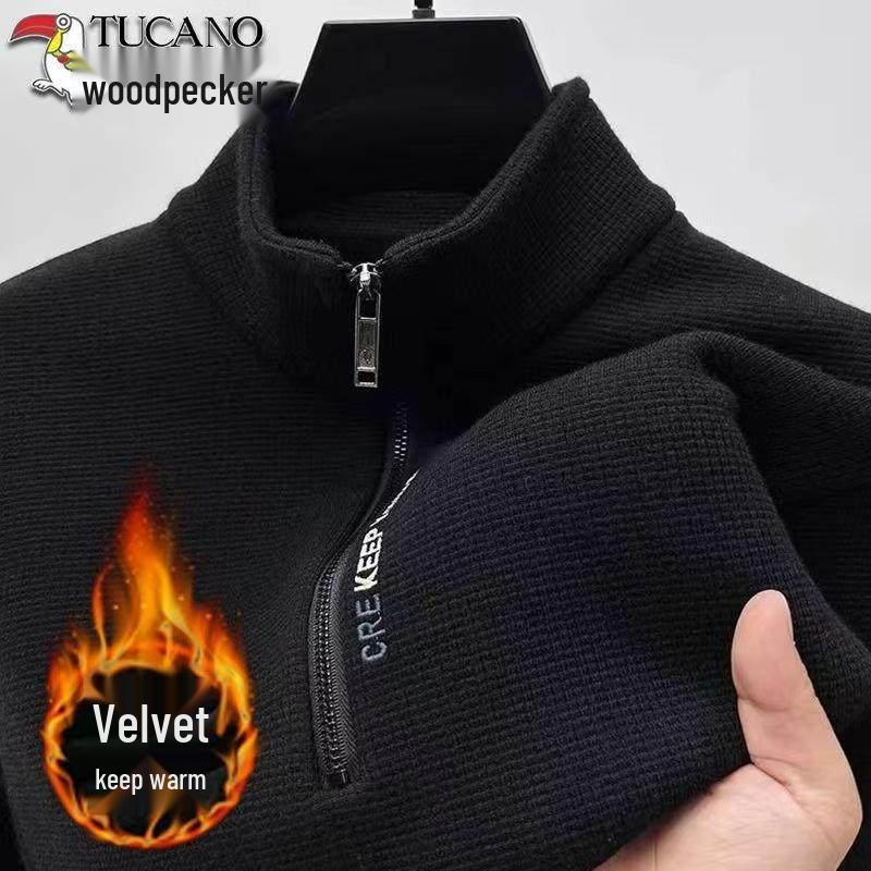 Men's Fleece-Lined Woodpecker Half-Zip Sweatshirt - Winter Casual Long-Sleeve Base Layer