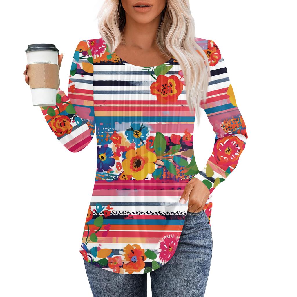 Women's Fashion Casual Pleated Round Neck Vintage Floral Print Long Sleeve T,Shirt Top