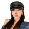 Japanese PU Leather Octagonal Hat Female British Retro Leather Beret Versatile Flat Top Newsboy Hat