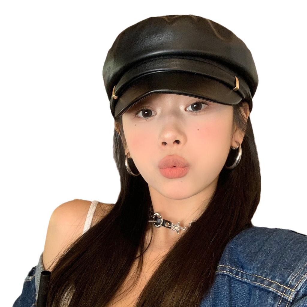 Japanese PU Leather Octagonal Hat Female British Retro Leather Beret Versatile Flat Top Newsboy Hat