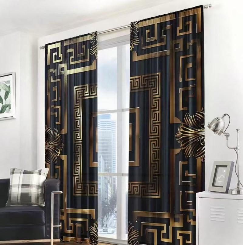 Set Of 2 Gold Patterned Black Background Polyester Curtains Curtain