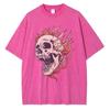 Men's Flame Skull Printed T-shirt Thick Cotton Washed T-shirt,Large Retro Top