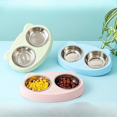 Niedliche Katze mit großen Augen Edelstahlnapf für Katzen, Haustiernapf, Futter- und Wassernapf für Katzen und Hunde, Kippsicherer Doppelnapf, Haustierbedarf