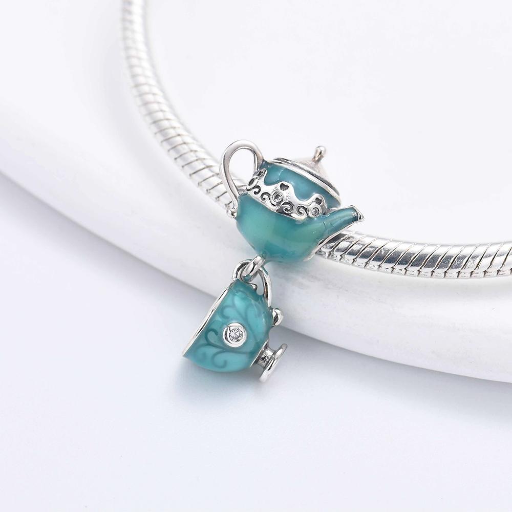 New 925 Silver Coffee Cup Cake Teapot Charm Bracelet DIY Ladies Jewelry with Chain Beaded Fit Original Pendant