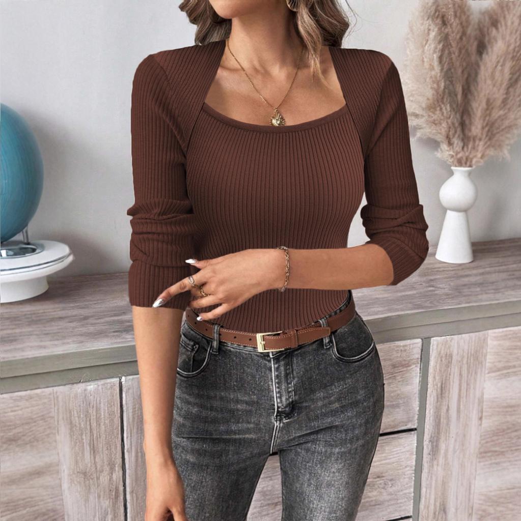 Women's Square Neck Long Sleeve Pullover Knitted Sweater Bottoming Shirt