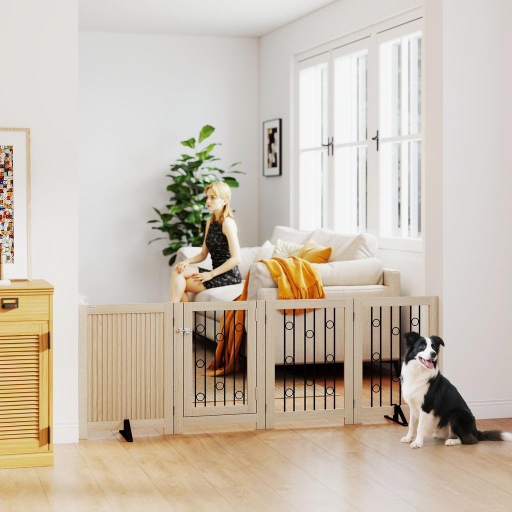 4 Panel Freestanding Pet Gate, Indoor Dog Barrier with Lockable Door, Support Feet, 360 Degrees Flexible Hinges, Oak