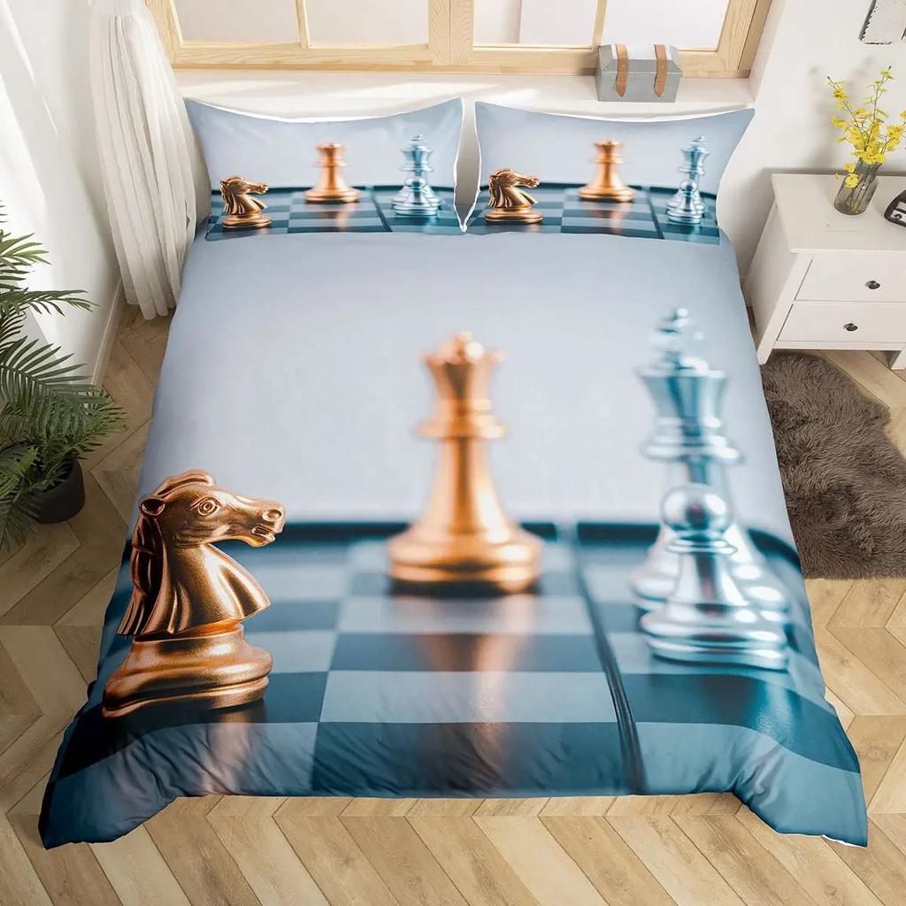 Chess Duvet Cover Set Chess Sports Games Bedding Sets Buffalo Plaid Check Comforter Cover Flowers Checkerboard Quilt Cover Queen