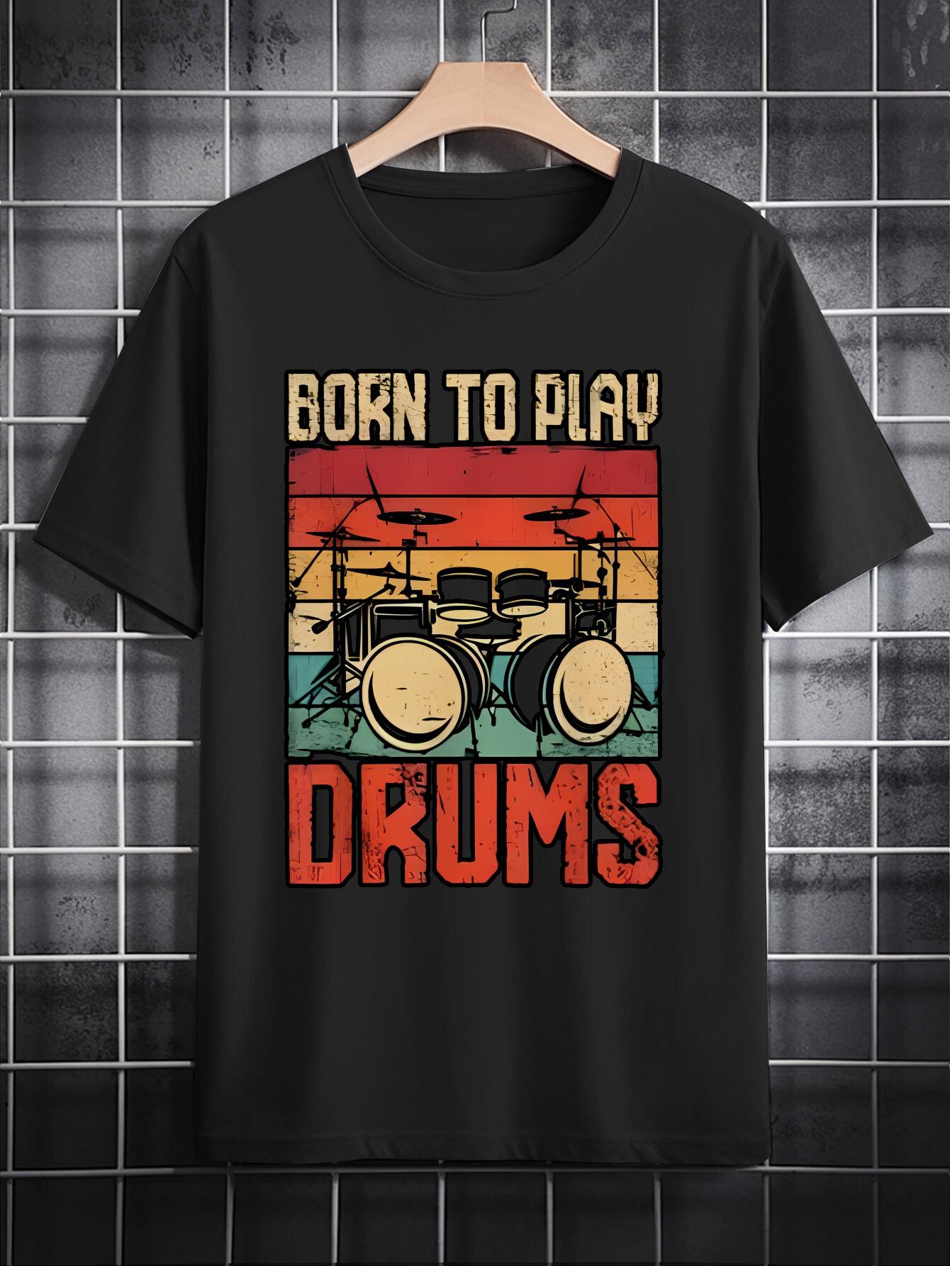 Black  Born to Play Drums  Graphic T-shirt - Casual Crew Neck M