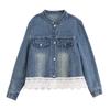 2025 Spring Women's Denim Jacket with Lace Patchwork and Stand Collar, Model OU6783