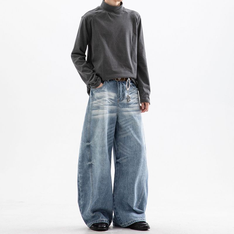 Dream Made American-Style Wide-Leg Scimitar Jeans for Men, Spring and Autumn Cleanfit Straight Wide-Leg Pants for Boys