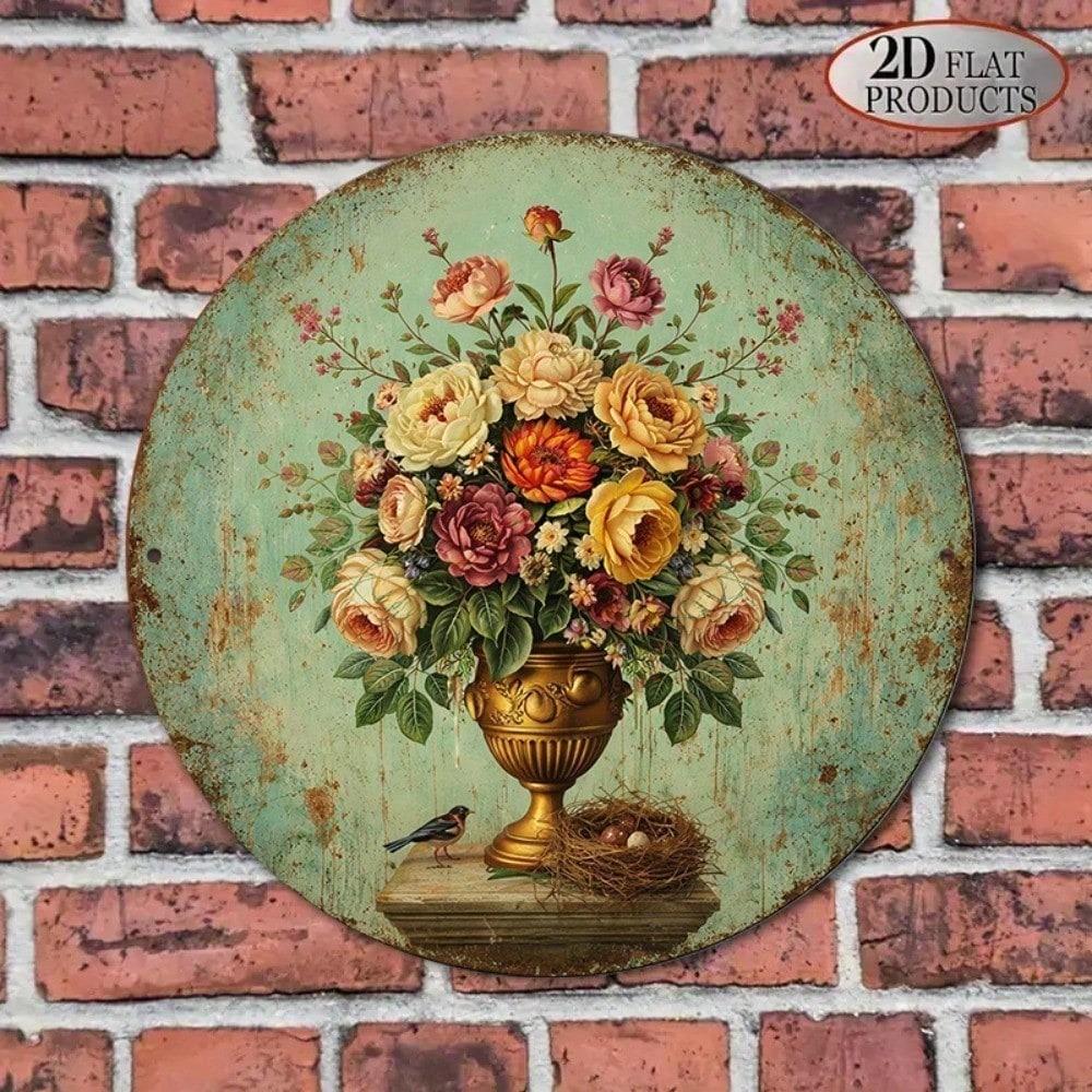 1pc 8x8in Vintage Floral Vase Round Metal Sign Rustic Farmhouse Wall Art Home Decor