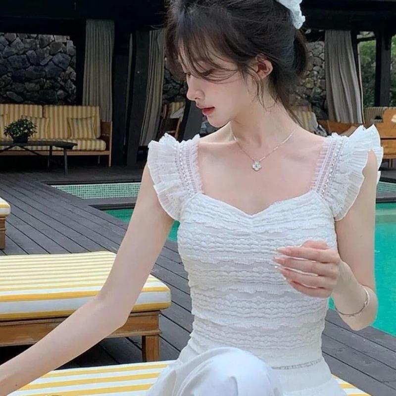 Summer Exquisite Tops Niche and Elegant Korean Style Wear White Lace Vest for Women