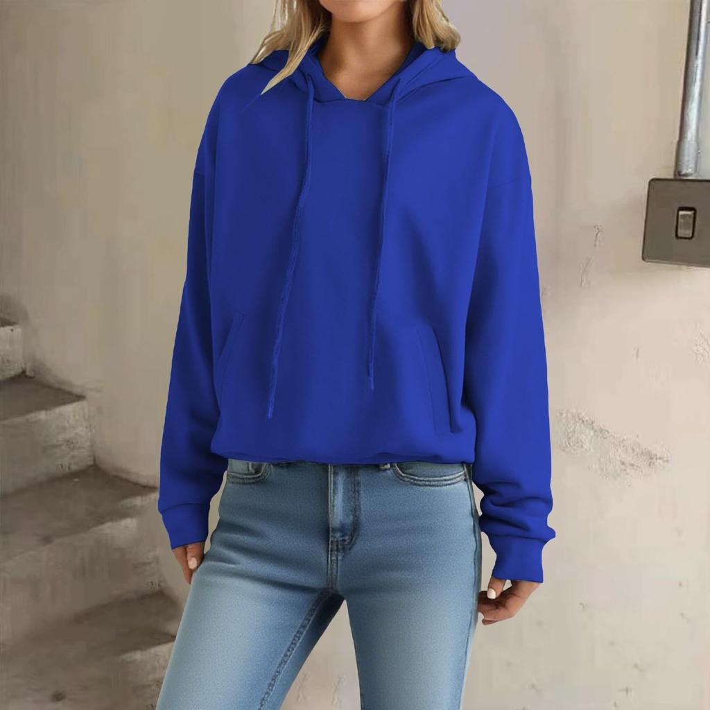 Women's Loose Long Sleeved Pullover With Drawstring And Pocket Hooded Solid Color Hoodie
