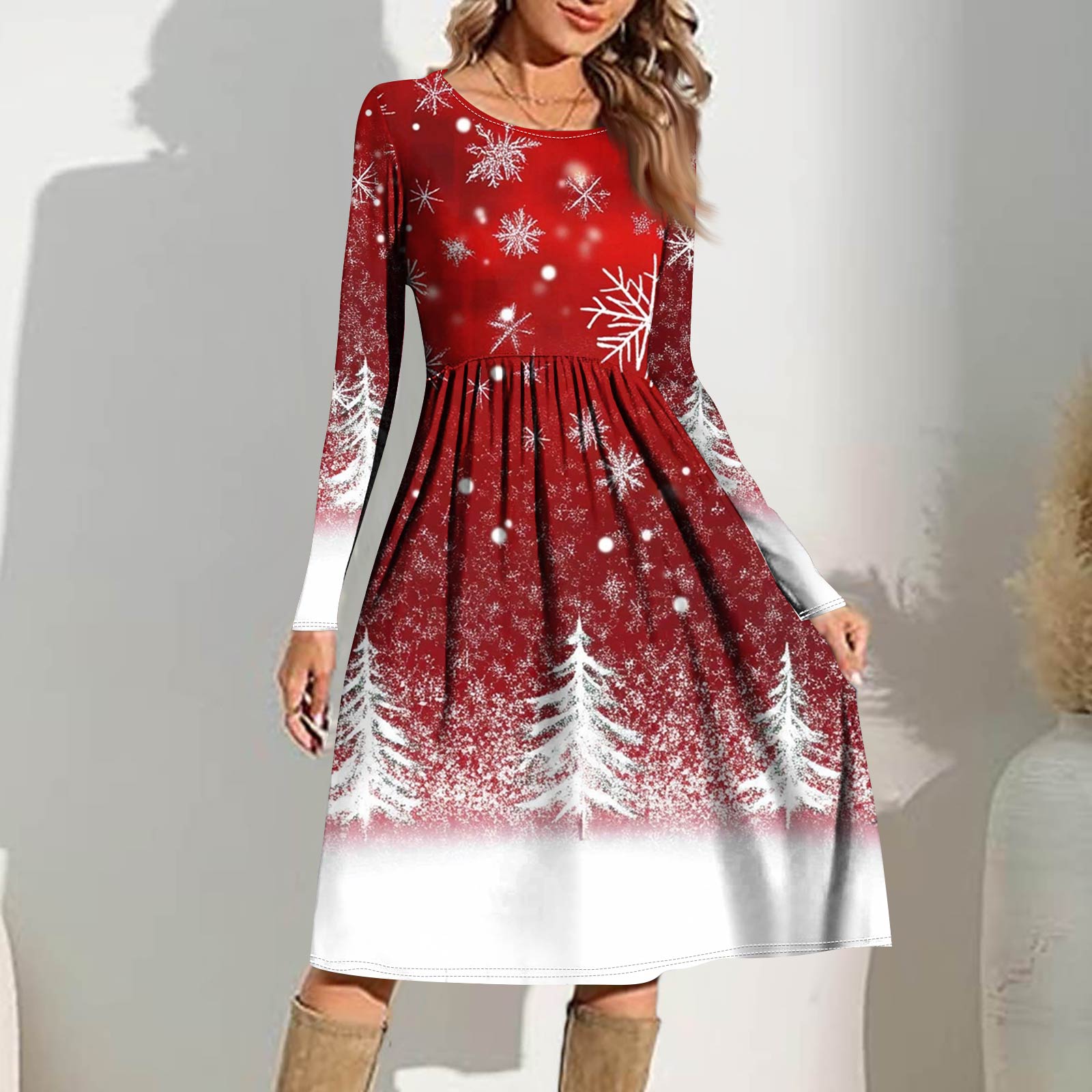 

Женское повседневное платье с градиентным принтом, весеннее, с карманом, с круглым вырезом, с длинным рукавом M винный