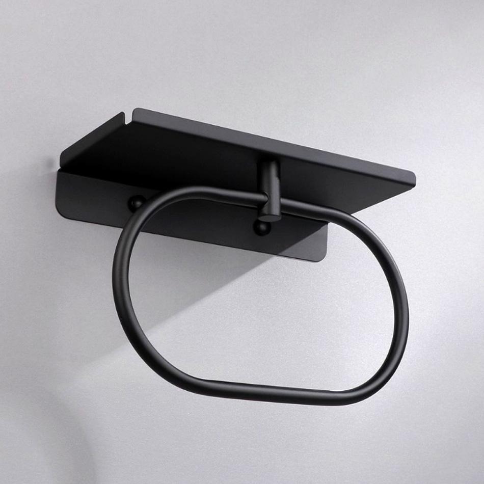Bathroom Towel Ring with Shelf Stainless Steel Black Brushed Adhesive Wall Mounted Lavatory Oval Towel Holder Storage Hanger