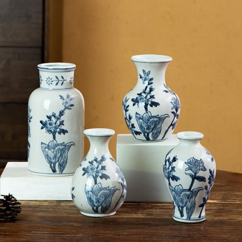 Vintage Blue and White Porcelain Ceramic Vase Ornament Desktop Hydroponic Flower Ware,home Living Room Foyer Ceramic Decorations