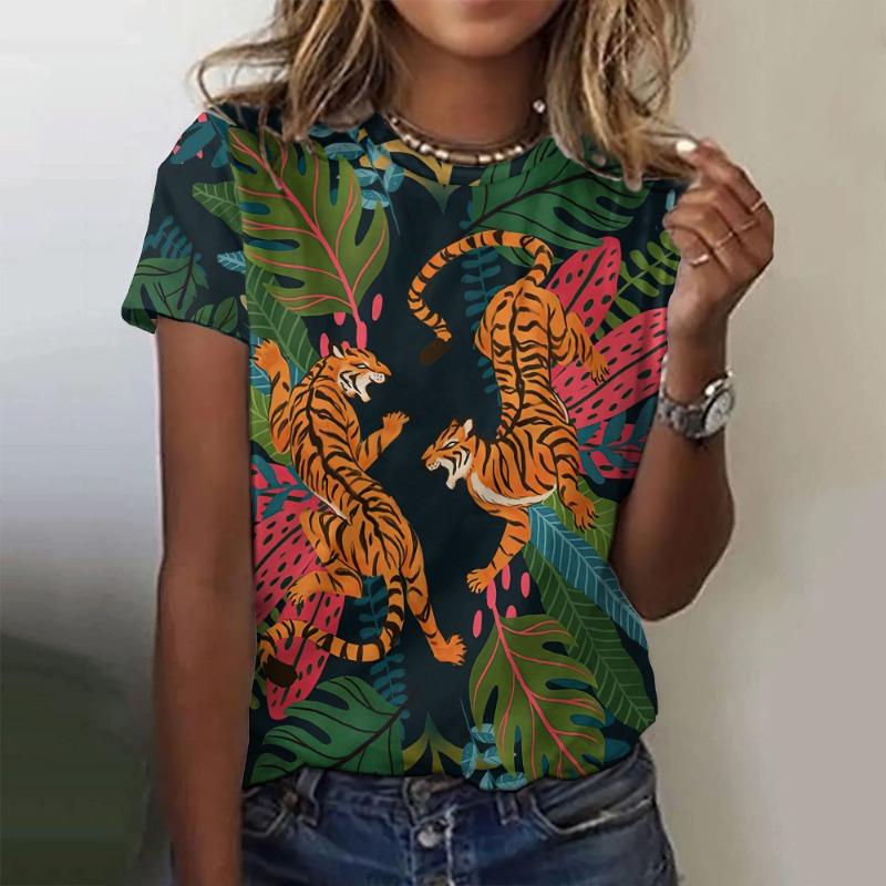 Summer Round Neck 3D Animal Flower Pattern Print Top Fashionable Casual Short Sleeved Women's T-shirts