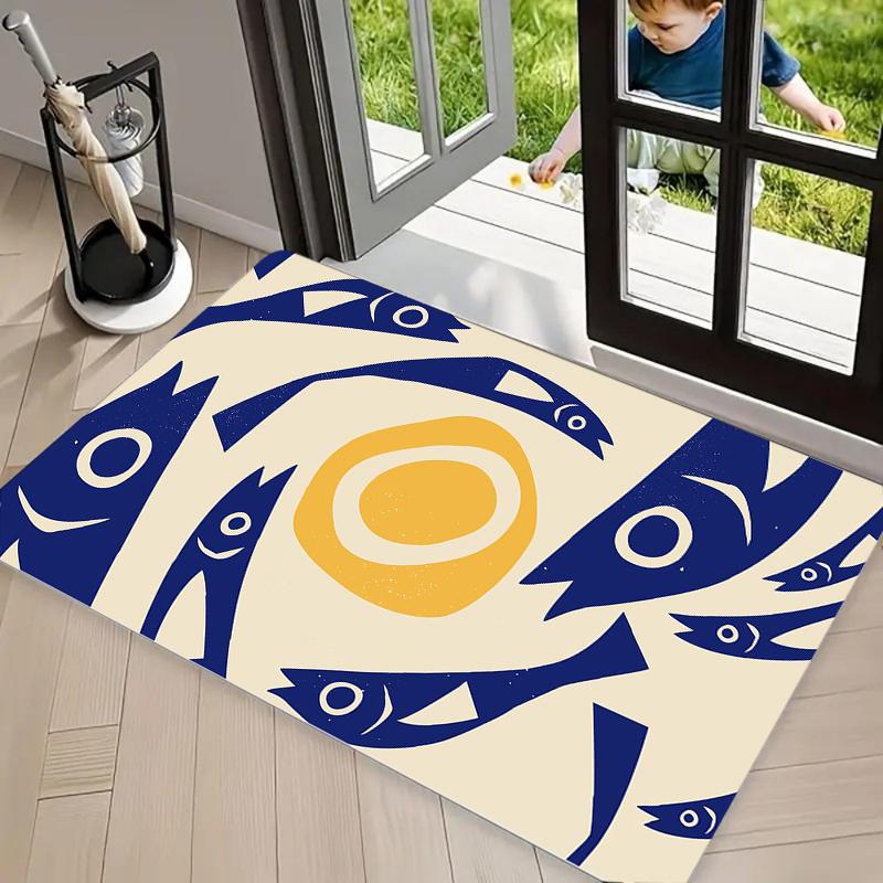 Abstract Geometric Fish Print Doormat, Mid-Century Modern Ocean Floor Mat for Entryway Bathroom Nautical Home Decor Carpet