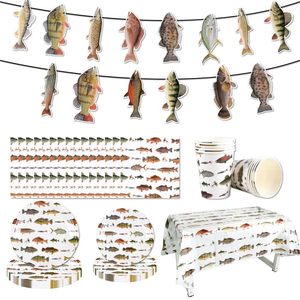 Fishing Themed Party Disposable Tableware Set Paper Plate Cup Napkin Tablecloth Banner Birthday Weedding Party Tableware Supplie
