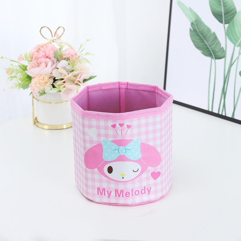 Pu Cartoon Grid Round Storage Bin With Foldable Design For Desk Organization And Office Use
