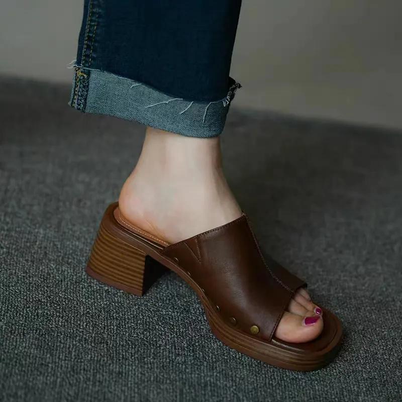 Dámské pantofle Silné vysoké podpatky Kvalitní pravá kůže Módní peep toe lodičky Platformy Ležérní párty boty Dámské nazouváky Dámské