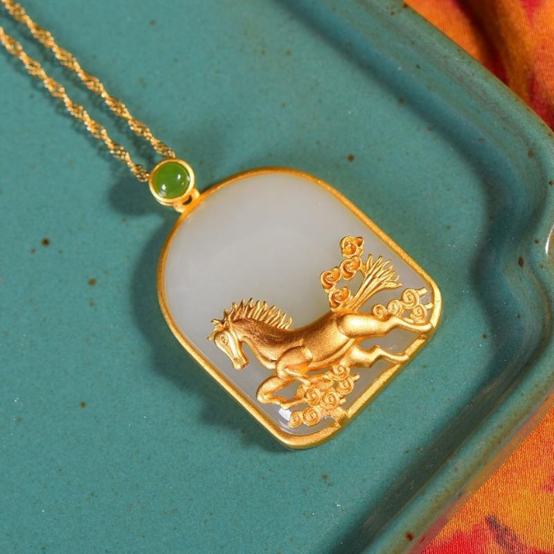 Classic Ancient gold craft inlaid natural Hotan jade steed necklaces zodiac horses square pendant clavicle chain wedding