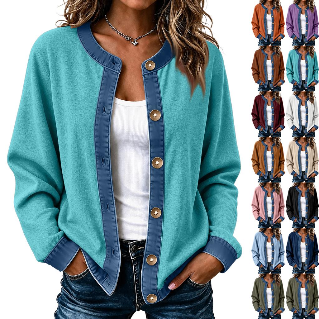 Camicia da donna a blocchi di colore in denim a maniche lunghe con bottoni per autunno inverno