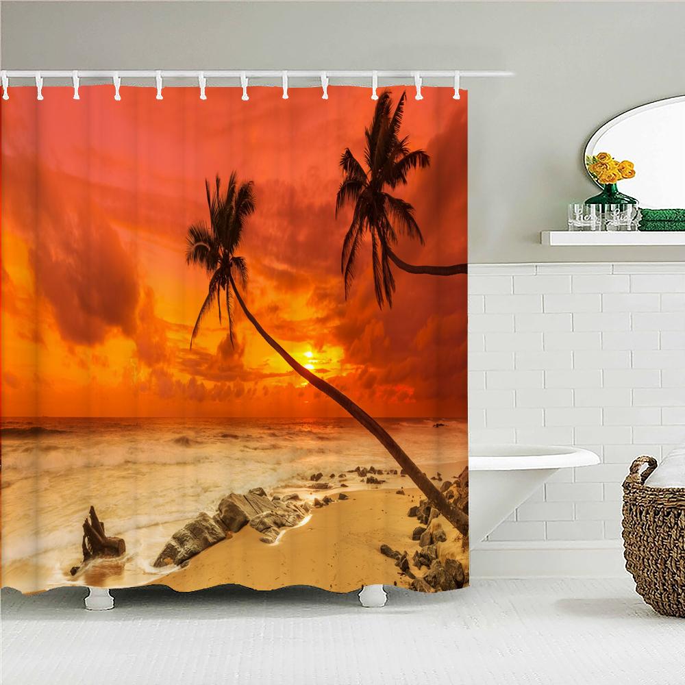 Sunset Dusk Beach Palm Tree Seaside Scenery Fabric Shower Curtain Waterproof Bath Curtains For Bathroom Decorate With 12 Hooks