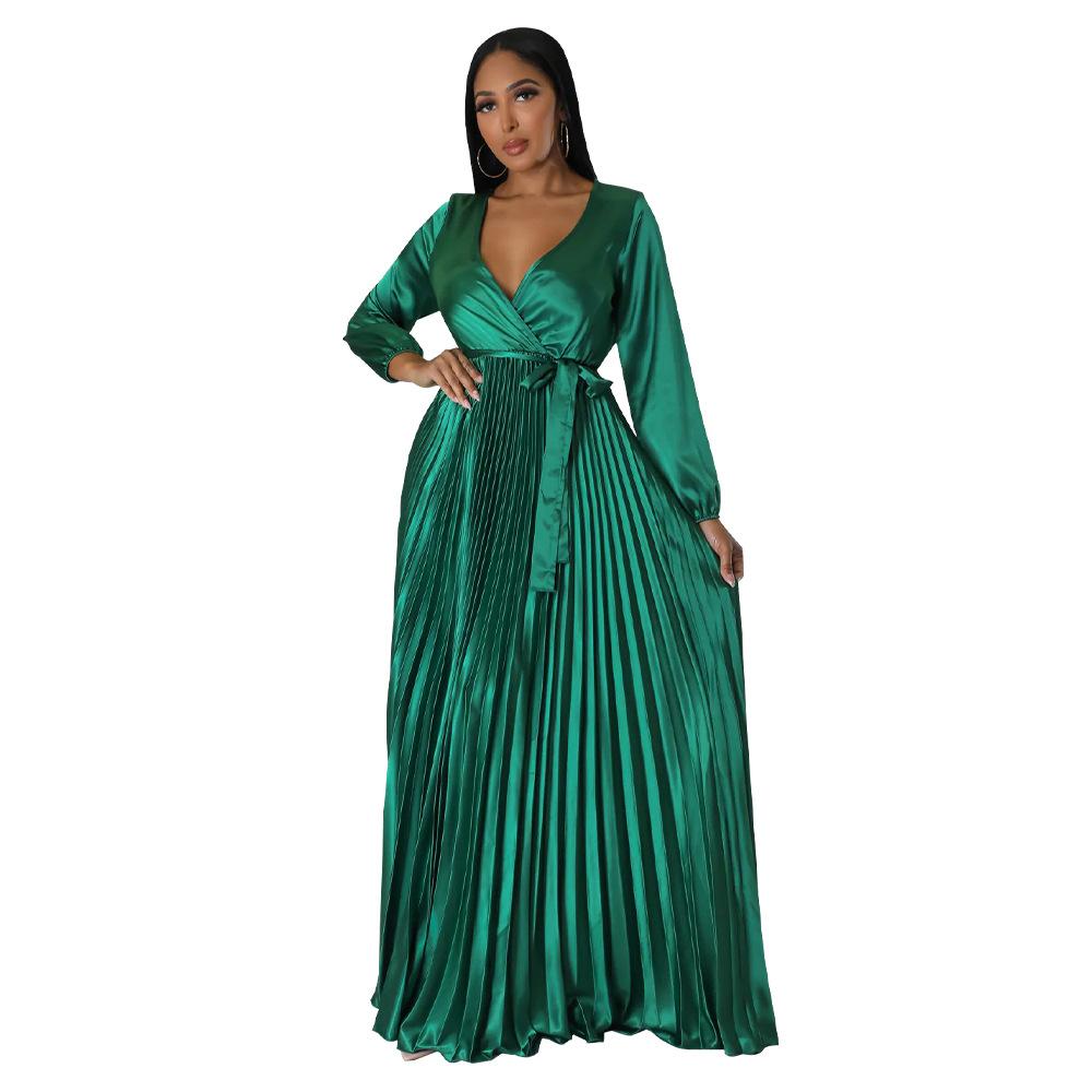 Autumn Winter New Women's V-Neck Lantern Sleeve Tie-Waist Pleated Dress Long Satin Gown Pleated Dress Long Skirt