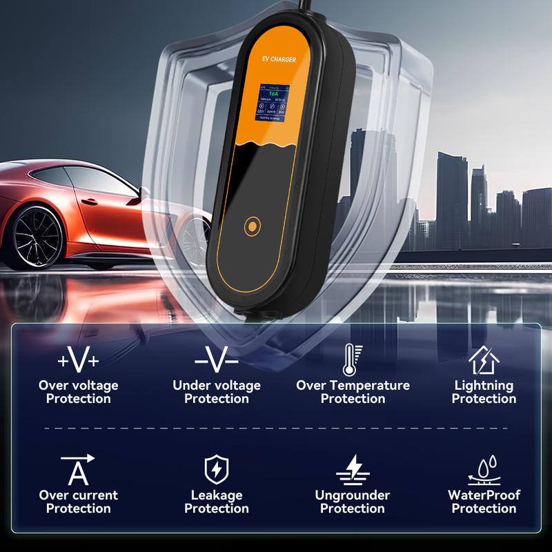 ADPOW Portable 16A Type2 EV Charger 3.5KW 3.5M Cable Current Adjustable Wallbox For IEC 62196-2 Standard EV Charging Accessories