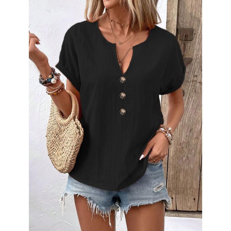 Women V Neck Linen Blend T Shirt Short Sleeve Button Detail Casual Top