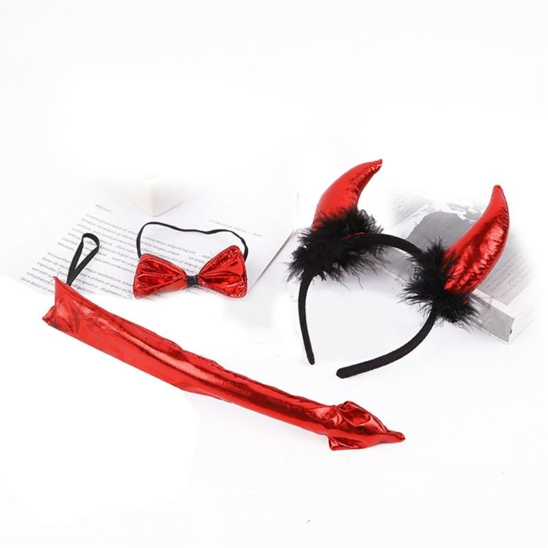 Cartoon Devil Horn Shape Hair Hoop Plush Carnivals Party Headpiece Colorful Cosplay Party Tail&Bowties Props Unisex